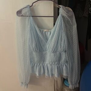Baby blue top with lace and chiffon sleeves